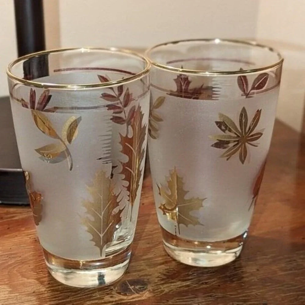 Vintage‎ MCM Gold Leaf Libbey Frosted Tumblers Set of 4 Cocktail Glasses
